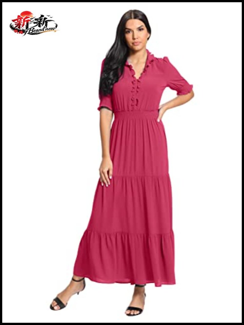 Tiered Ruffle Maxi Dress Smocked Waist V-Neck Elbow Sleeve
